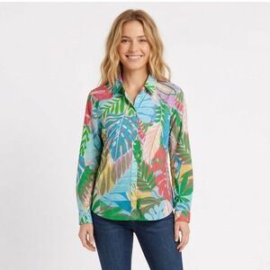 Talbots Women's Small Tropical Palm Leaf Print Cotton Button Down Vacation Shirt